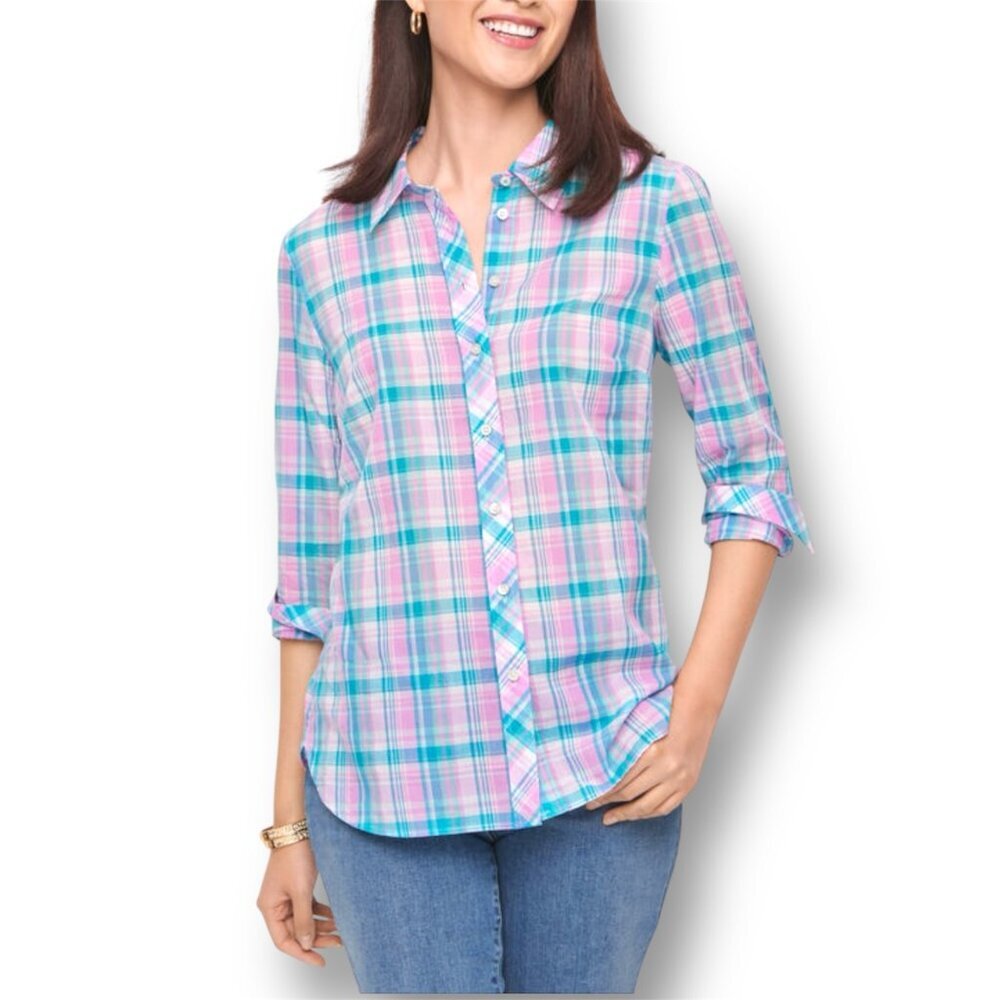 New Talbots‎ Pink Teal Plaid Button Up Cotton Shirt Long Sleeve Preppy Work XS